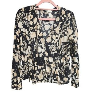 HM Womens Black Floral Polka Dot Wrap Blouse Long Sleeve Peplum Top Size 8